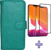 iPhone 12 & iPhone 12 Pro Hoesje Turquoise - Luxe Kunstlederen Portemonnee Book Case & Volledige Display Screenprotector
