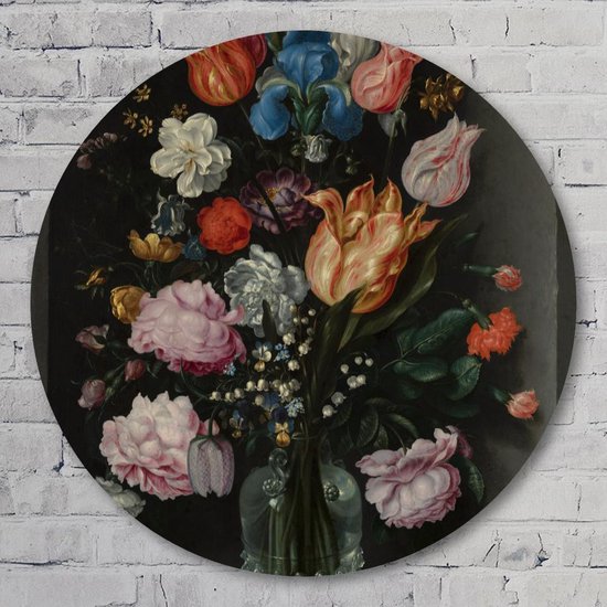 Muurcirkel ⌀ 60 cm - Jacob de Gheyn II, Bloemen in een glazen fles, 1612 - Aluminium Dibond - Bloemen en Planten - Rond Schilderij - Wandcirkel - Wanddecoratie