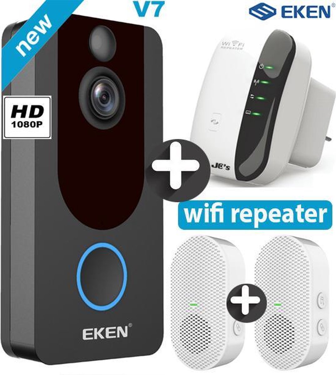 EKEN V7 HD video deurbel met camera + JC's Wifi Repeater + inclusief Samsung Oplaadbare Batterijen + Inclusief 2X Gong + Nederlandse gebruiksaanwijzing