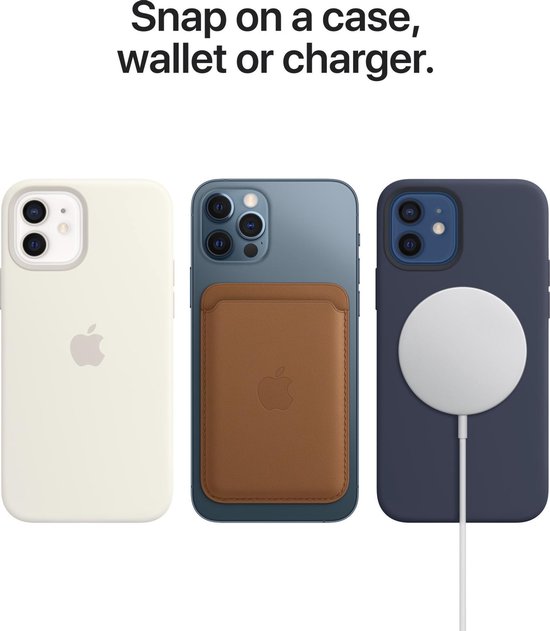 Drie iPhone hoesjes: lichtgeel, bruin met portemonnee, en donkerblauw met MagSafe oplader.