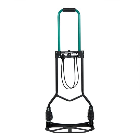 Een opvouwbare steekwagen van VONROC, zwart met groene handgrepen, staand.