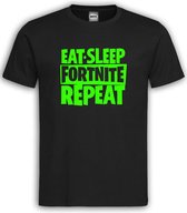 Zwart T shirt met Groene Tekst "Eat Sleep Fortnite Repeat "ronde hals / Size L