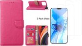 iPhone 12 Mini hoesje - bookcase / wallet cover portemonnee Bookcase Pink + 2x tempered glass / Screenprotector