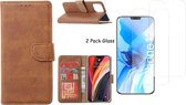 iPhone 12 Mini hoesje - bookcase / wallet cover portemonnee Bookcase Bruin + 2x tempered glass / Screenprotector