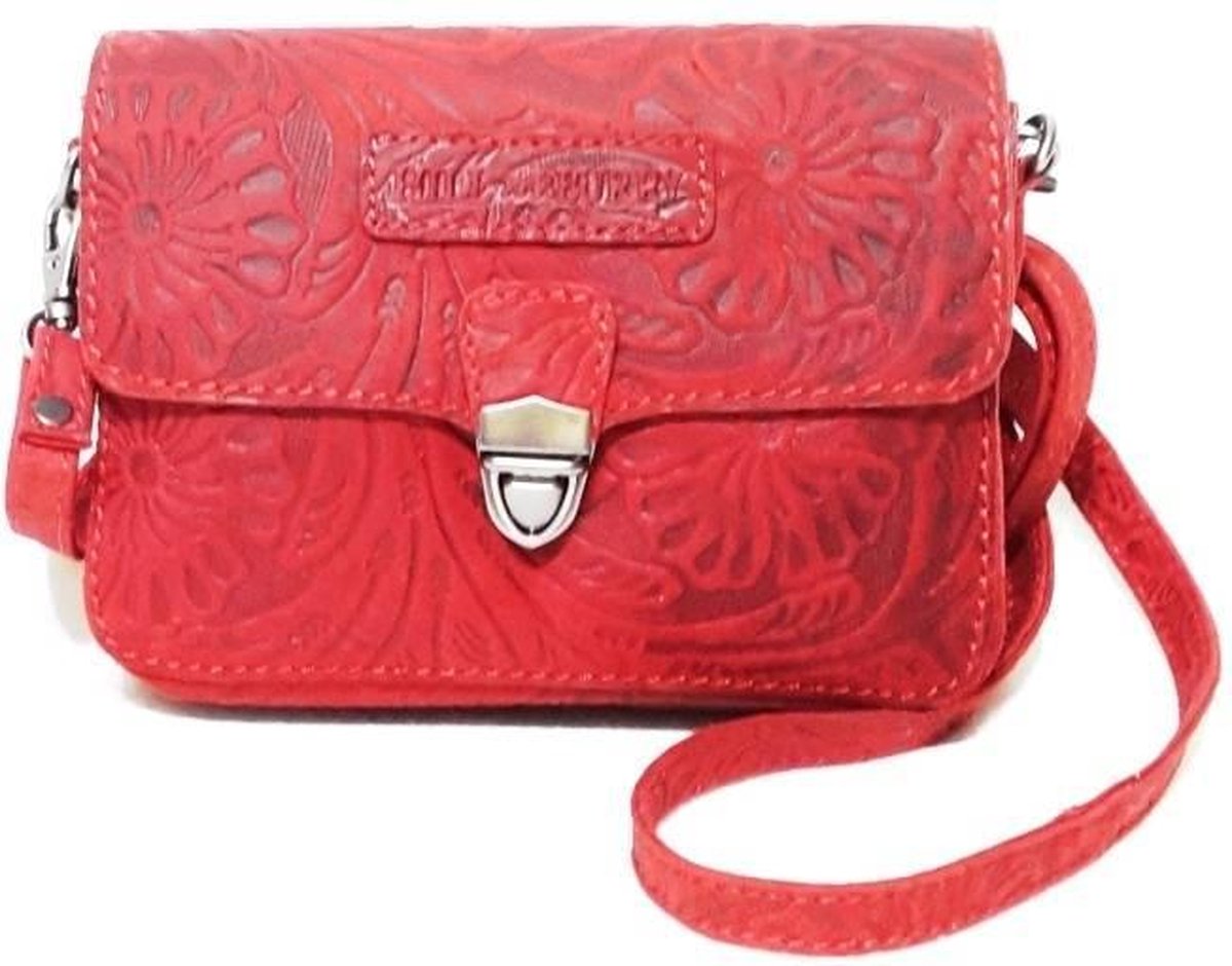 Hillburry leren schoudertas - festivaltasje flower rood