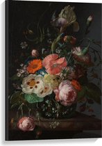 Canvas  - Oude meesters - Stilleven: bloemen op marmeren tafel, Rachel Ruysch - 60x90cm Foto op Canvas Schilderij (Wanddecoratie op Canvas)