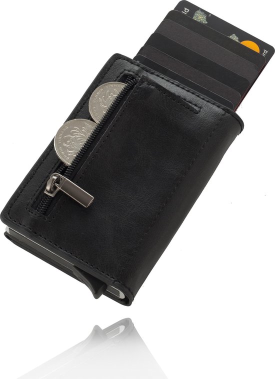 Swifty Luxe Uitschuifbare Pasjeshouder Portemonnee  van Aluminium & Leer - Creditcardhouder / Kaarthouder voor mannen en vrouwen - RFID Card Protector / Anti-Skim 7 tot 8 Pasjes - Zwart - Swifty