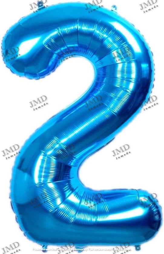 Folie ballon XL 100cm met opblaasrietje - cijfer 2 blauw - 2 jaar folieballon - 1 meter groot met rietje - Mixen met andere cijfers en/of kleuren binnen het Jumada merk mogelijk