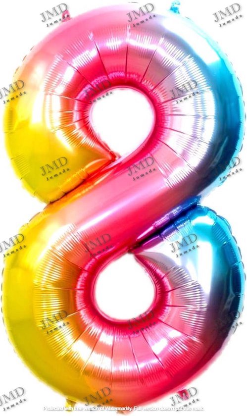 Folie ballon XL 100cm met opblaasrietje - cijfer 8 regenboog - 8 jaar folieballon - 1 meter groot met rietje - Mixen met andere cijfers en/of kleuren binnen het Jumada merk mogelijk