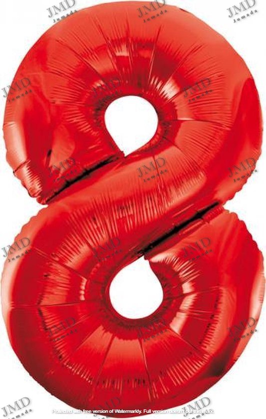 Folie ballon XL 100cm met opblaasrietje - cijfer 8 rood - 8 jaar folieballon - 1 meter groot met rietje - Mixen met andere cijfers en/of kleuren binnen het Jumada merk mogelijk