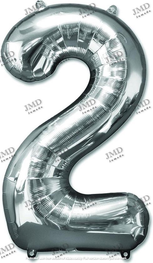 Folie ballon XL 100cm met opblaasrietje - cijfer 2 zilver - 2 jaar folieballon - 1 meter groot met rietje - Mixen met andere cijfers en/of kleuren binnen het Jumada merk mogelijk