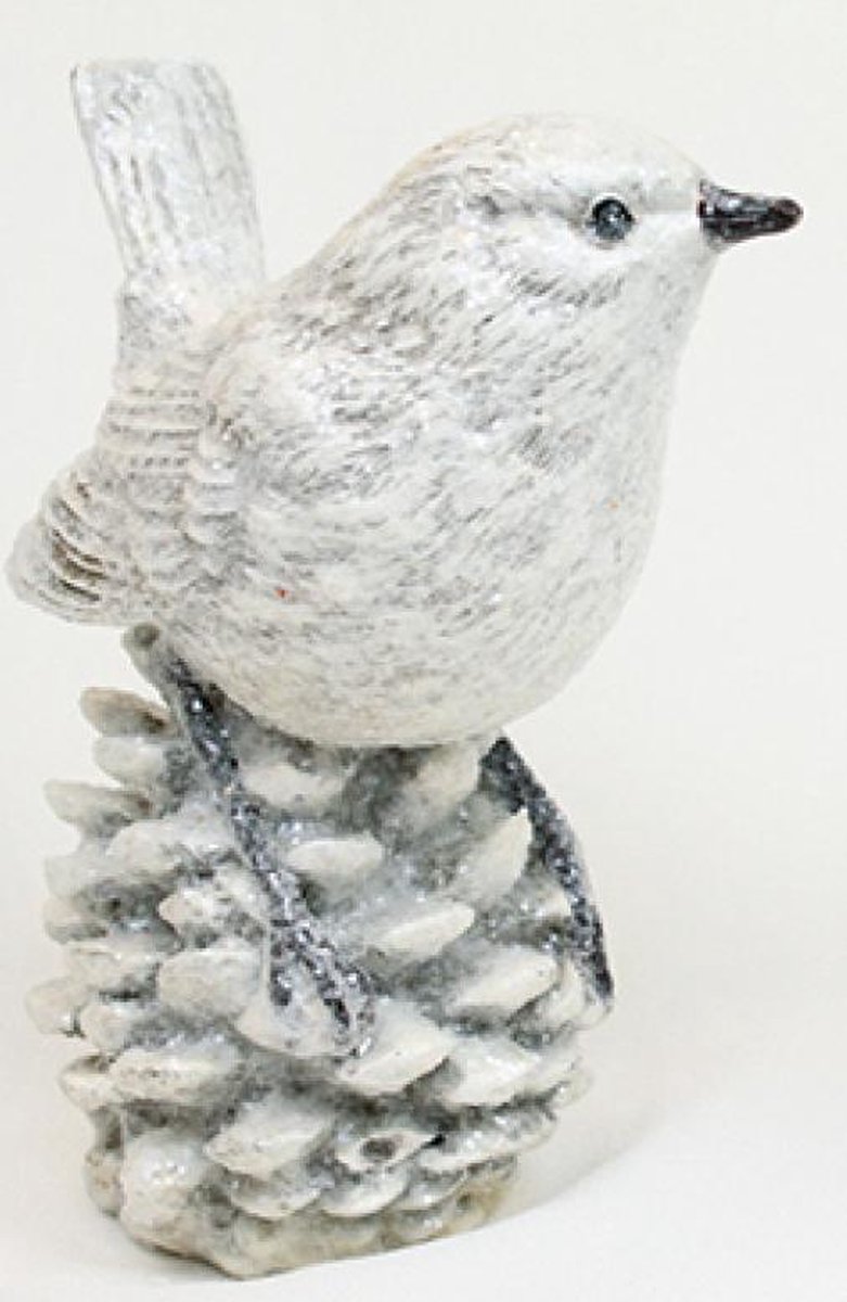 set van 2 x beeldje zilverkleurig vogeltje zittend op een dennenappel 11.5x5x8cm