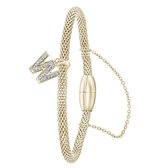 Lucardi Dames Armband mesh goldplated letter W met kristal - Staal - Armband - Cadeau - 19 cm - Goudkleurig