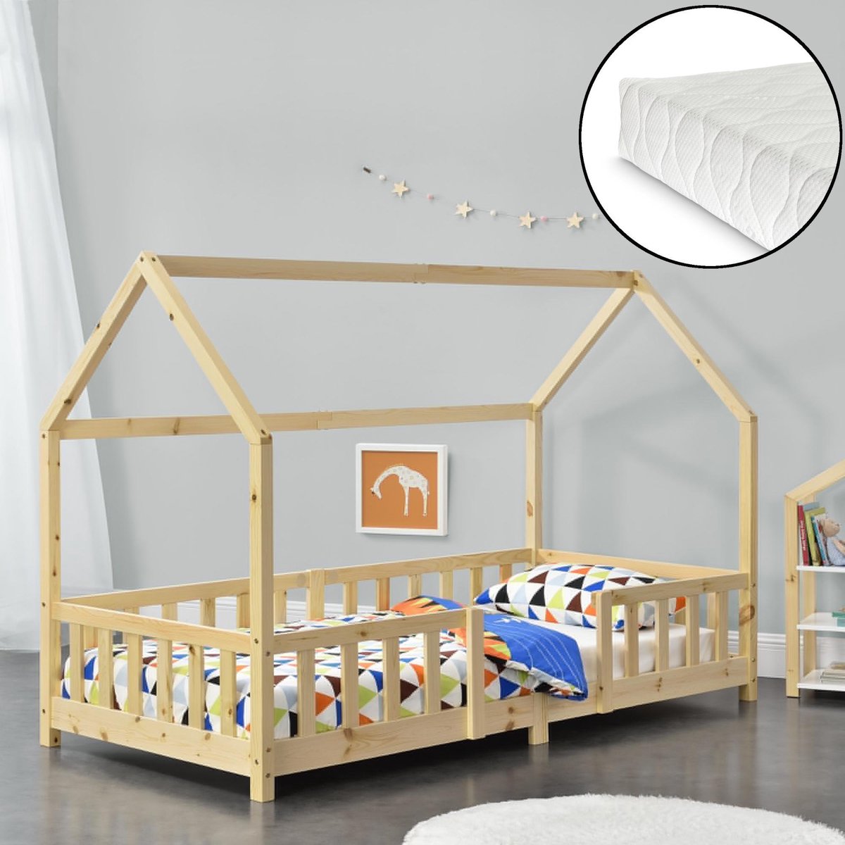 Kinderbed Sisimiut met uitvalbeveiliging en matras 90x200 hout