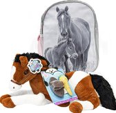 Paarden Peuter Rugzak - 28 cm - Zwart/Wit foto - Rugtas Kinderen paarden - incl. Pluche Paardenknuffel - bruin/wit paard - 60cm- speelgoed