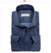 John Miller Heren Overhemd Donkerblauw Met Wit-Grijze Stippen Tailored Fit