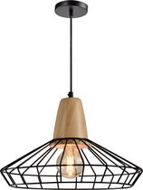 QUVIO Hanglamp modern / Plafondlamp / Sfeerlamp / Leeslamp / Eettafellamp / Verlichting / Slaapkamer lamp / Slaapkamer verlichting / Keukenverlichting / Keukenlamp - Rond frame metaaldraad met hout - Diameter 39,5 cm