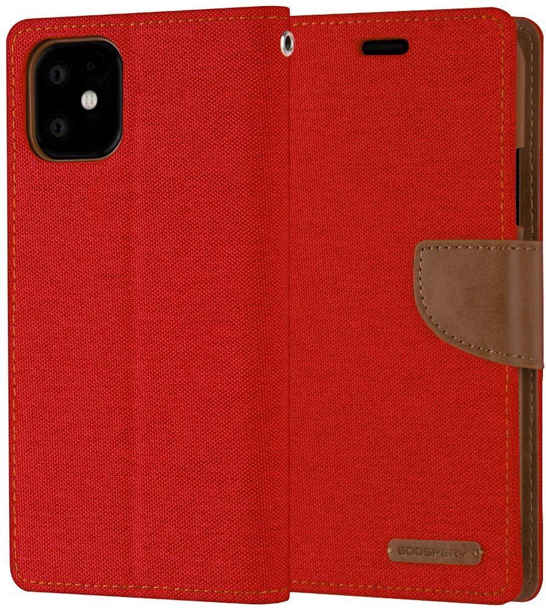 Geschikt voor Apple iPhone 12 Denim Bookcase - Rood - Spijkerstof - Portemonnee hoesje