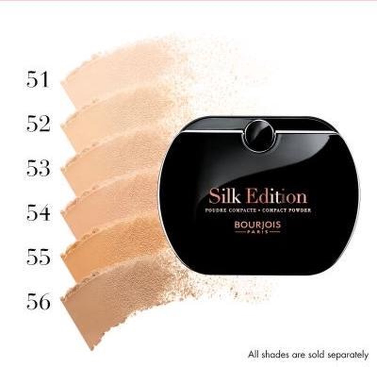 Zwarte, open poederdoos met een spiegel en een beige compact poeder met 'Bourjois Paris' logo. Een poederdonsje is zichtbaar in de spiegel.