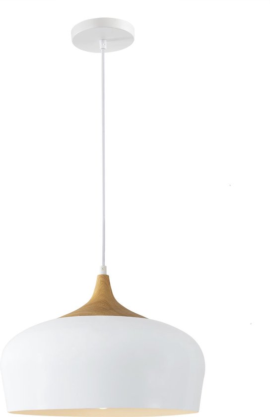 QUVIO Hanglamp Scandinavisch / Plafondlamp / Sfeerlamp / Leeslamp / Eettafellamp / Verlichting / Slaapkamer lamp / Slaapkamer verlichting / Keukenverlichting / Keukenlamp - Rond metaal en hout - Diameter 33 cm - Wit en bruin