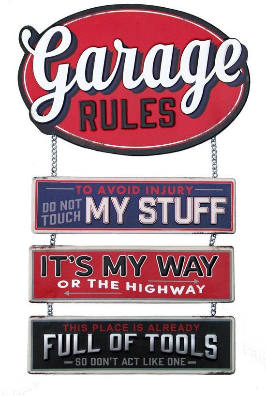 Signs-USA - Garage Rules - retro metalen wandbord - vader en klusser - 30 x 50 cm