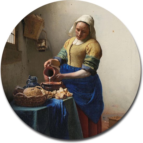 Muurcirkel Melkmeisje - Johannes Vermeer - 40x40 cm - Wandcirkel - Dibond - Aluminium