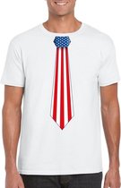 Wit t-shirt met Amerikaanse vlag stropdas heren - Amerika supporter M