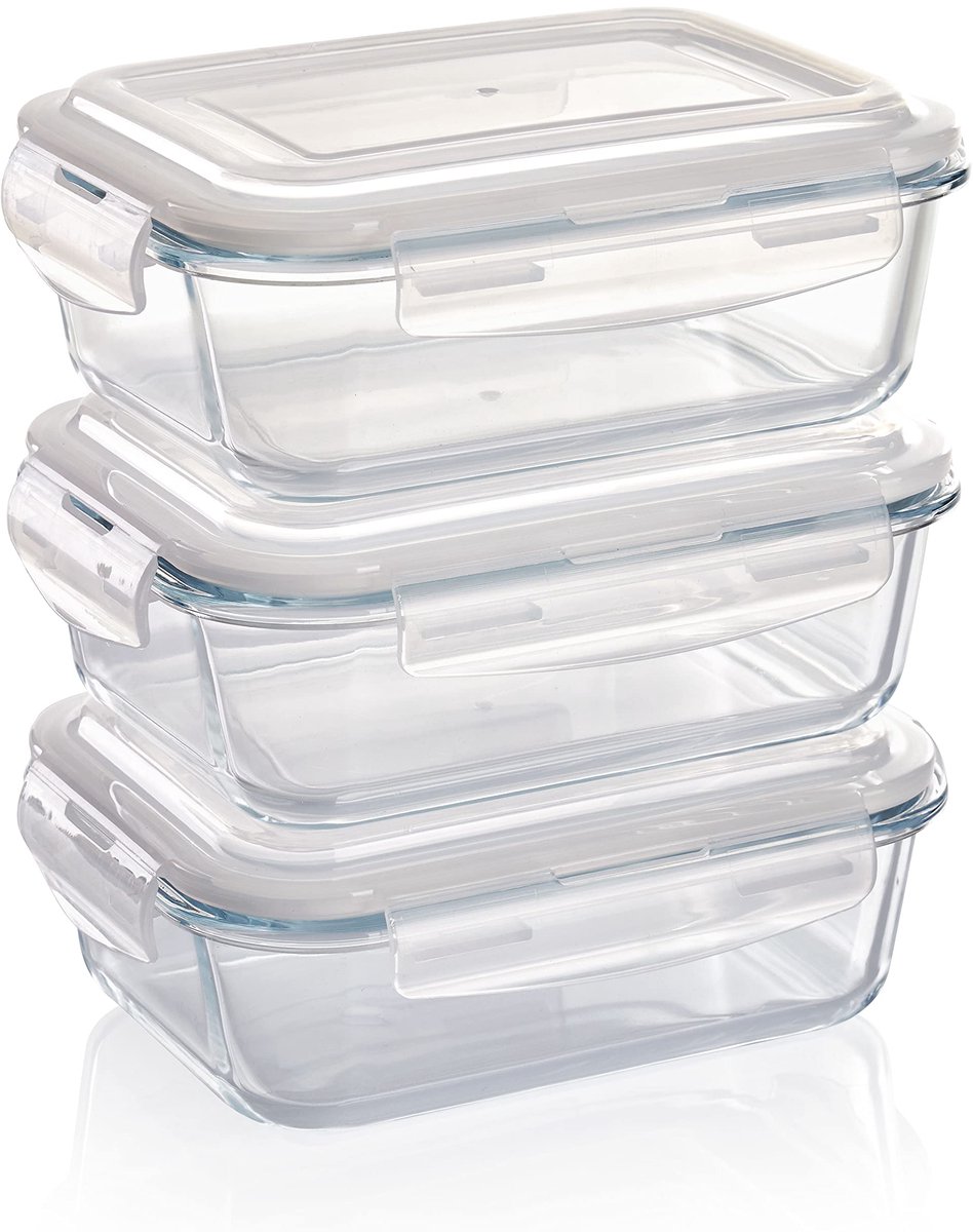 Grizzly Glazen voedselcontainers, set van 3 x 1040 ml, luchtdicht, rechthoekig, kliksluiting, veelzijdige opslagcontainers voor oven, magnetron en vriezer
