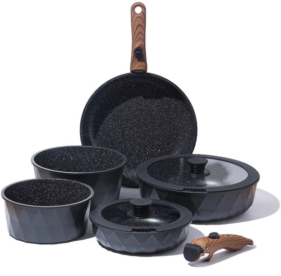 CAROTE Pannenset, 12-delig, pannen met glazen deksel, diepe braadpannenset, pannen met antiaanbaklaag in graniet, kookgereiset voor alle warmtebronnen, inclusief inductie (12