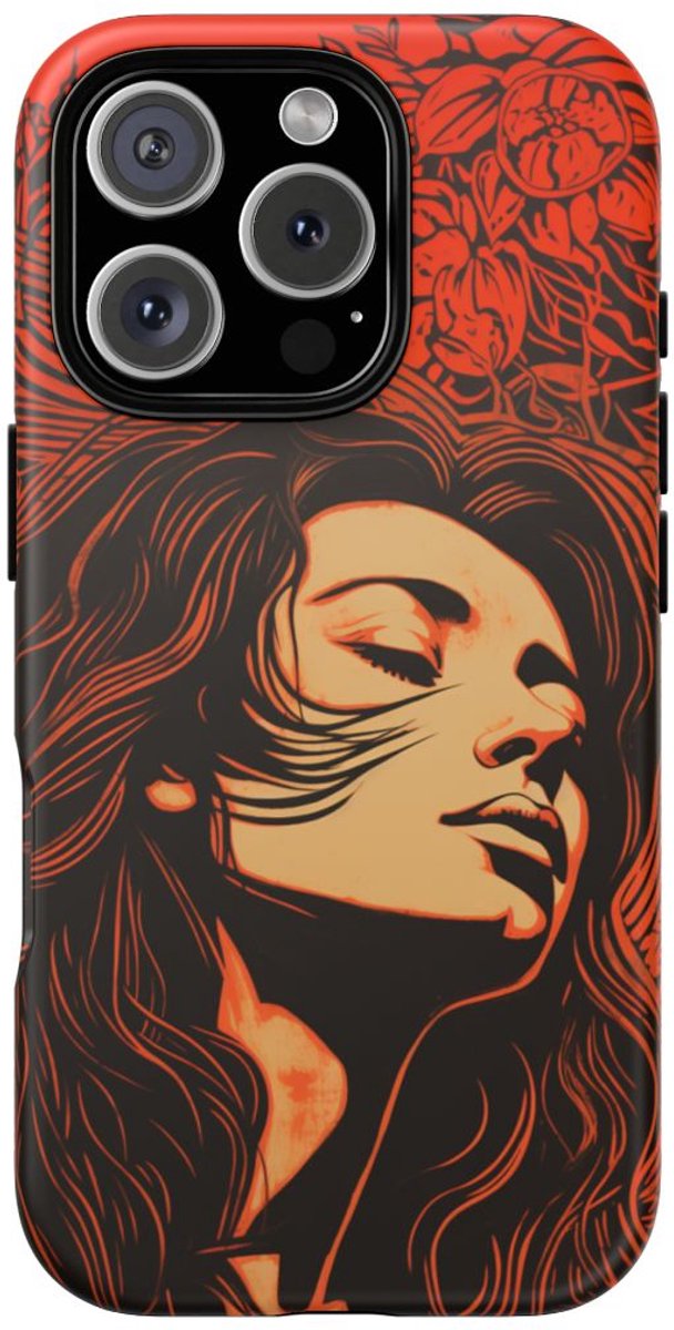 Linosnede Portret van Vrouw met Bloemen – Telefoonhoesje Geschikt voor iPhone 16 Pro