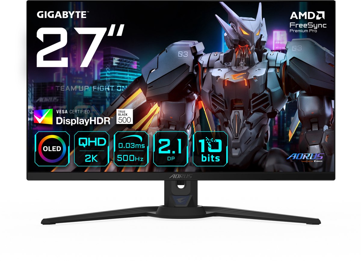 Gigabyte AORUS FO27Q5P - 27" - 2560x1440 (Quad HD) - QD-OLED - 500Hz - 0,03ms - 2x DisplayPort, 2x HDMI, 1x Mini DisplayPort - Zwart