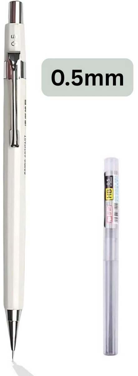 Ainy - Metalen vulpotlood wit - 0,5 mm | met extra 0 5 vulling | HP potlood incl. gum voor volwassenen & kinderen
