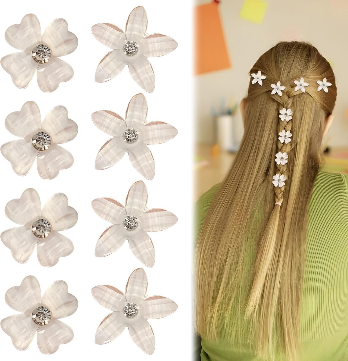 Mini Diamant Haarspelden Wit Bloemen Haaraccessoires Dames - Set van 8