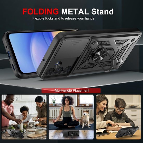 Zwarte Casemania telefoonhoes met ringhouder, gedemonstreerd met staande stand en foto's van gebruik.