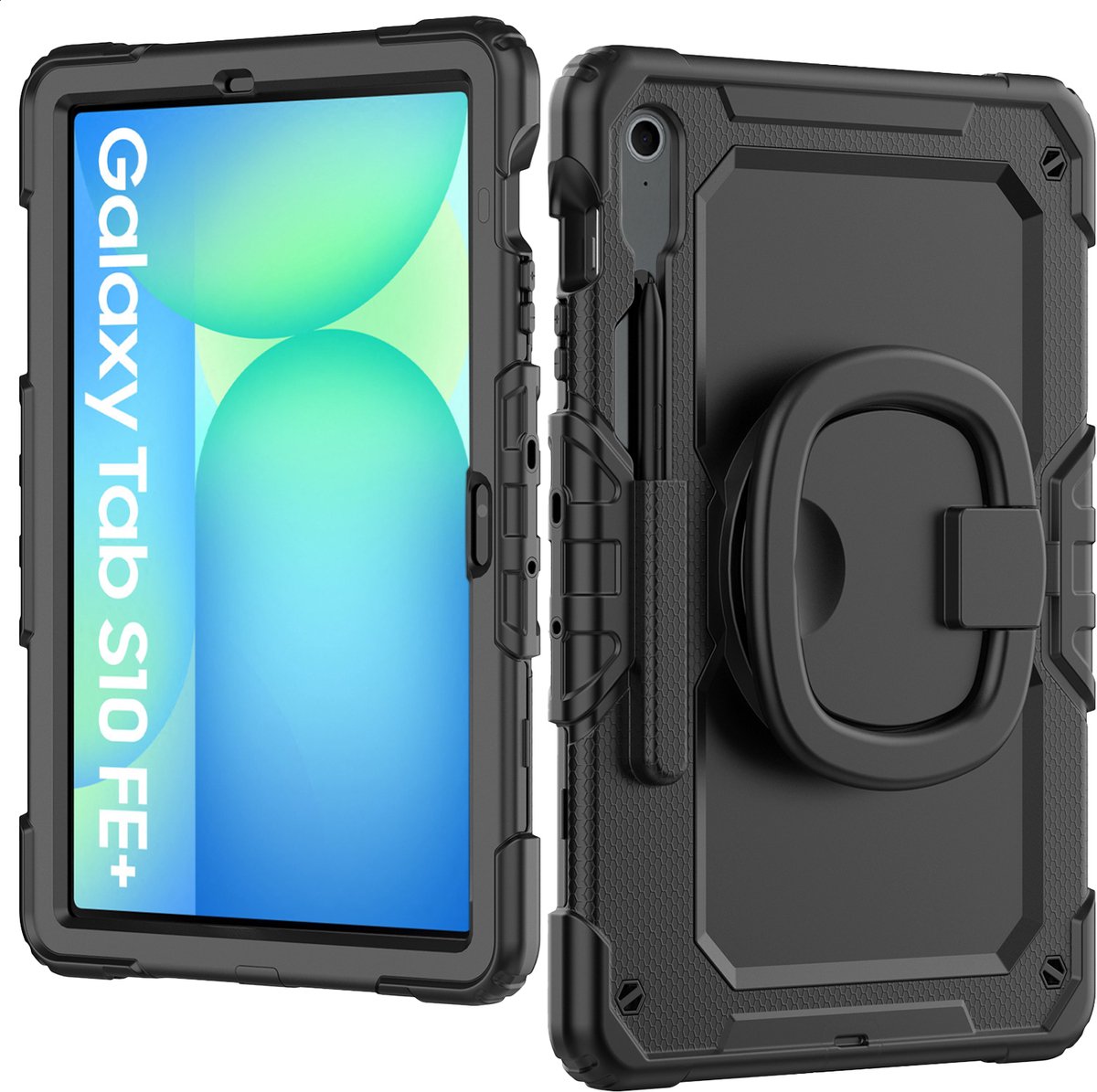 Mobilize Tablethoes geschikt voor Samsung Galaxy Tab S10 FE Plus Hoes Hard Kunststof,Siliconen | Mobilize Rotating Defender Backcover + Schouderband | Schokbestendig Galaxy Tab S10 FE Plus Telefoonhoesje | Anti Shock Proof + Standaard - Zwart