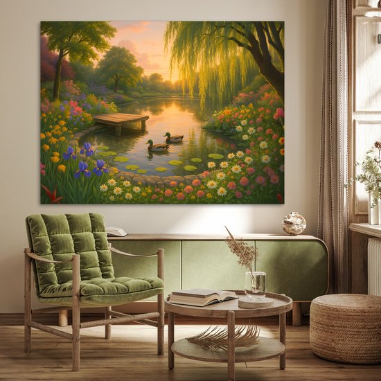Poster 160x120 cm - Eenden - Vijver - Bloemen - Posters - Kamer decoratie - Wanddecoratie woonkamer - Muurdecoratie slaapkamer XXL