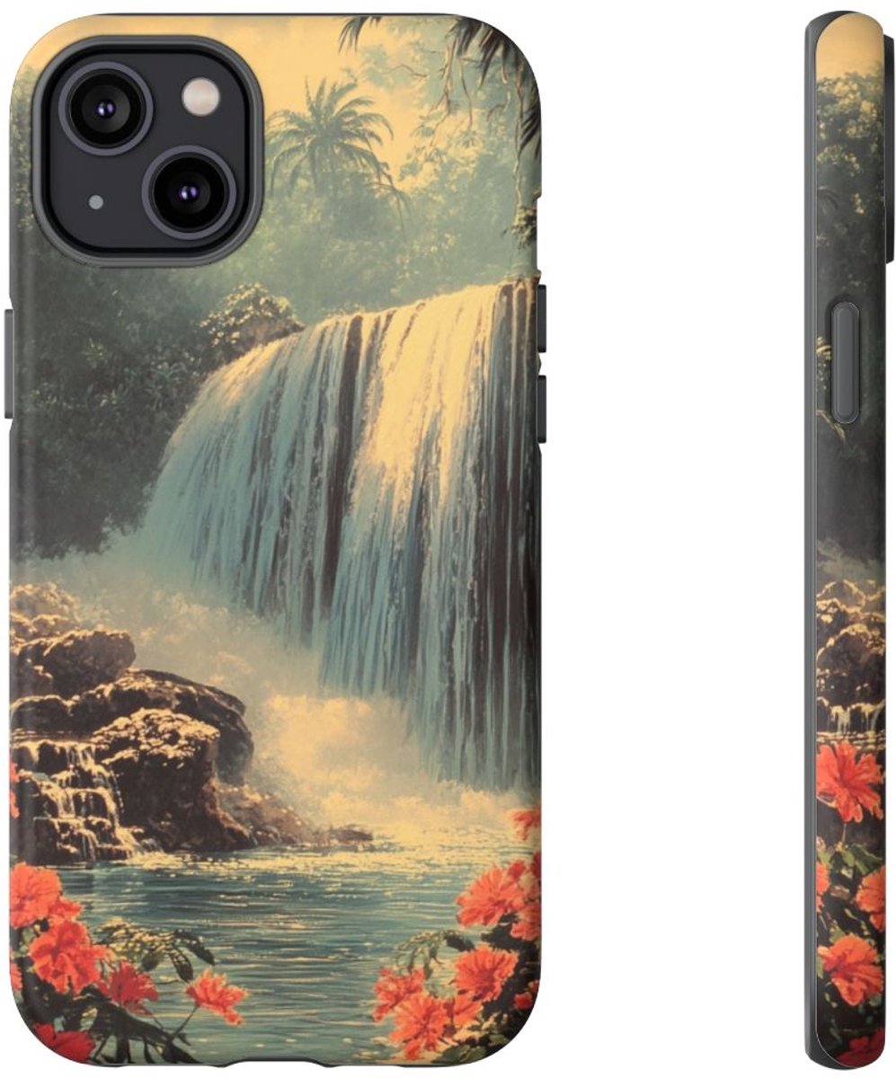 Tropische Waterval met Rode Bloemen – Telefoonhoesje Geschikt voor iPhone 14 Plus