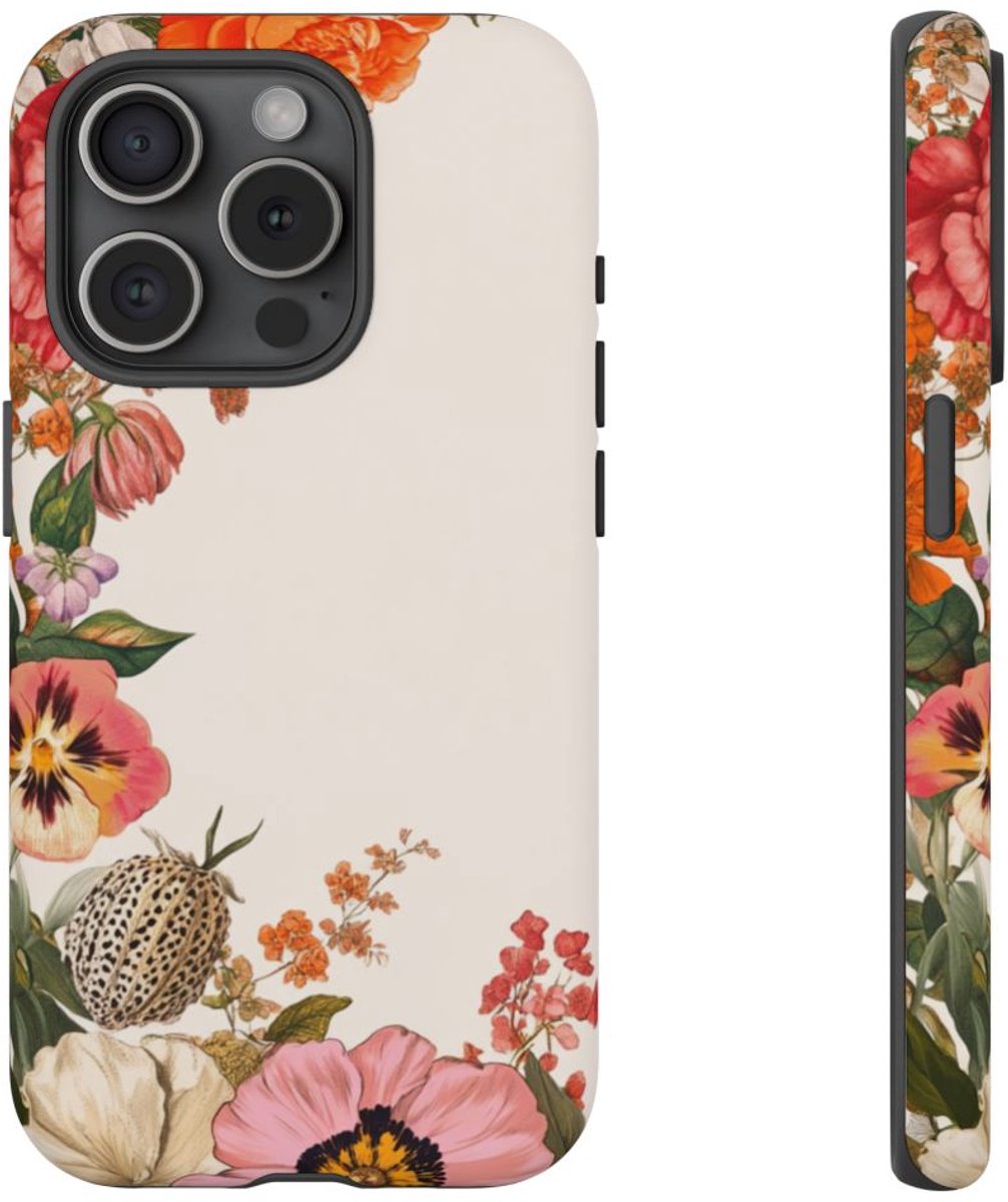 Vintage Botanische Bloemenrand – Telefoonhoesje Geschikt voor iPhone 15 Pro