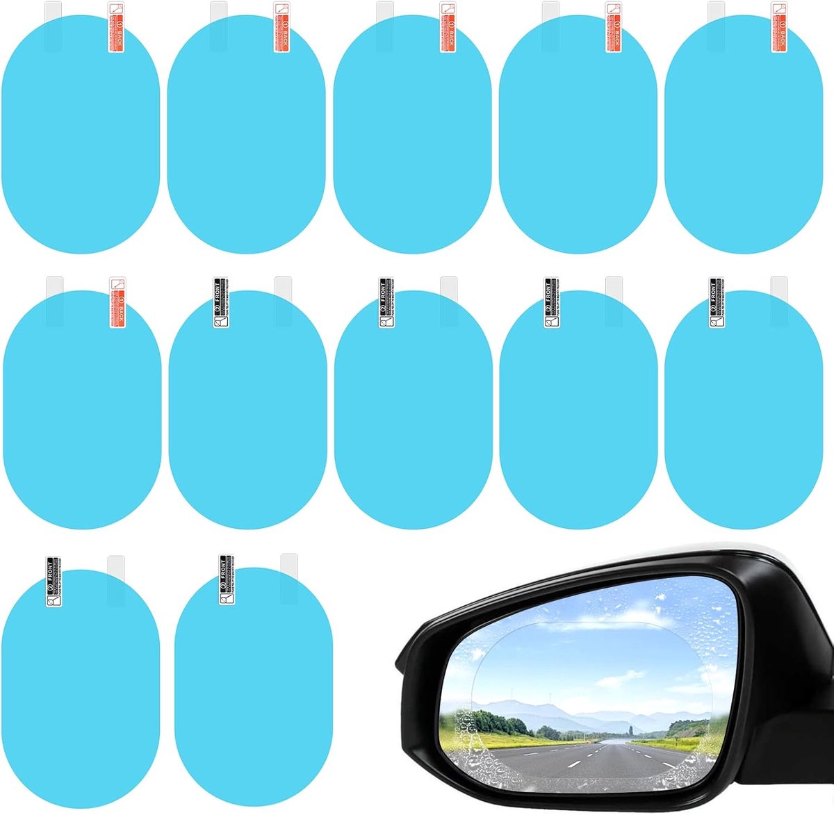 Image of 12 Stuks Regenbestendige Folie voor Auto's - 15×10cm Achteruitkijkspiegelfolie - Achteruitkijkspiegel Verblindingsbescherming - Anti-condensstickers - Waterdichte Spiegelfolie voor Auto's - Vrachtwagens - SUV