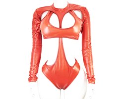 Jumpsuit - Maat S/M - Sexy bodysuit catsuit pak met openingen Wetlook Rood