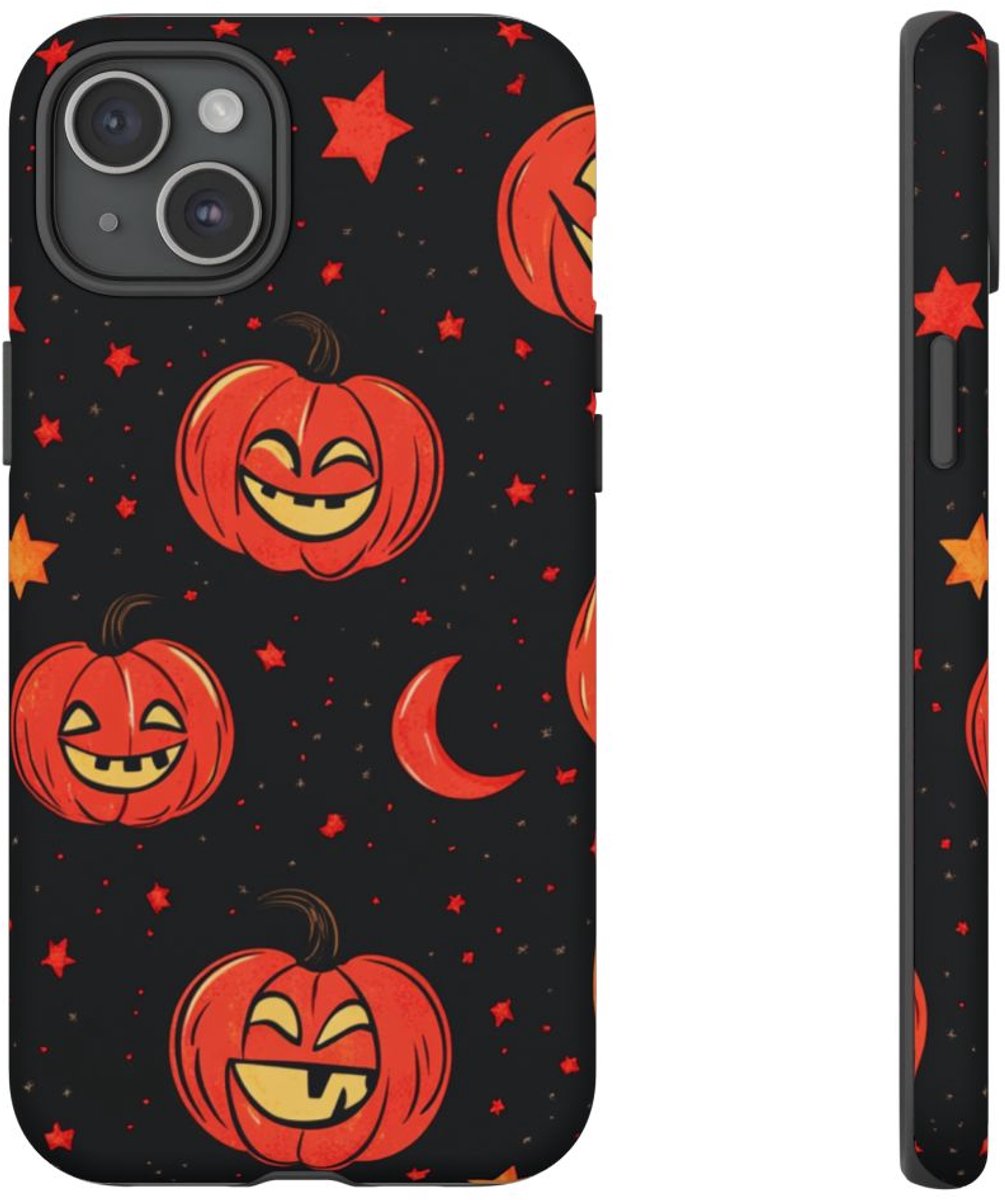 Lachende Pompoenen en Maanpatroon – Telefoonhoesje Geschikt voor iPhone 15 Plus