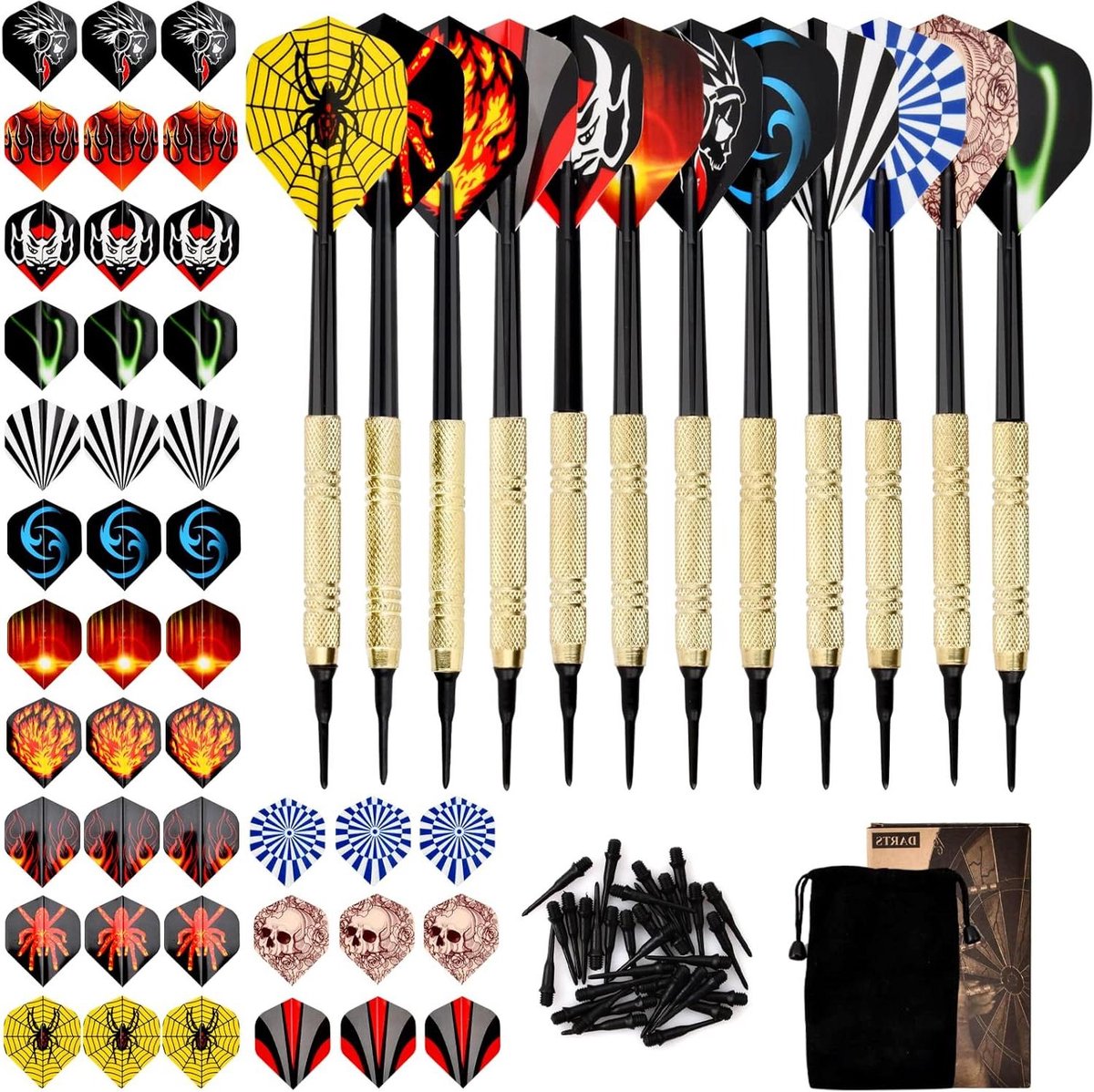 Allecto plus - Set van 12 dartpijlen voor elektronisch dartbord - 14 g - Inclusief 42 flights en 100 punten - Kunststof en zachte punten - Complete dartset