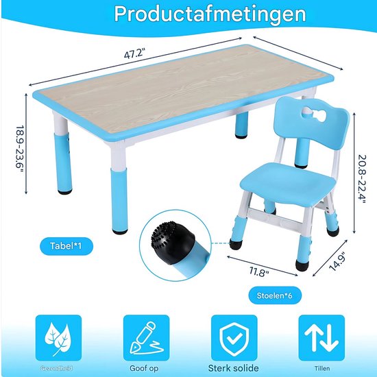 Kindertafel Valora en 4 Stoelenset - Voor Peuters en Kleuters - In Hoogte Verstelbaar - Multifunctioneel voor Studie, Schrijven & Spelen - Duurzaam Kunststof - Geel - 120x60cm — afbeelding 3