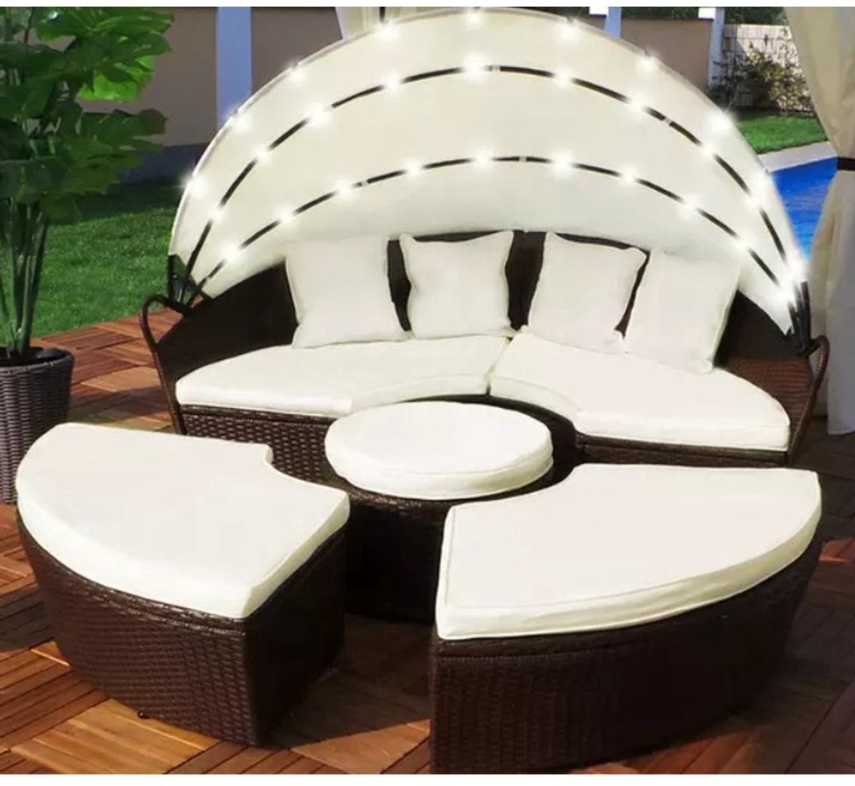 Yolo-deals - Polyrattan Lounge eiland met LED verlichting - Solar - 210cm - Inclusief kussens - UV bestendig - Bruin