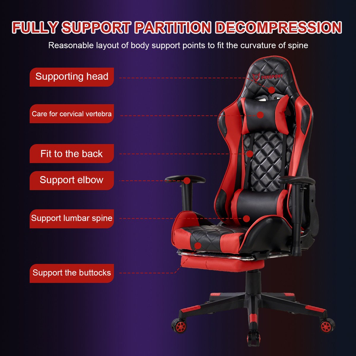 Afbeelding 2 van OFMOTRA Game stoel -Ergonomische - Gaming stoel- Bureaustoel - Incl. kantelfunctie tot 180°, 3D-verstelbare armleuningen, lendensteun & hoofdsteun - Met Voetsteun - hoogte en helling verstelbaar - Draaistoel -Rood