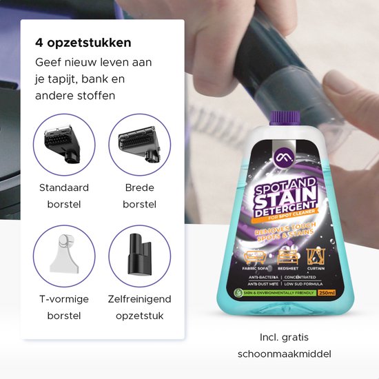 Motionflow 4-in-1 Tapijtreiniger - Verwarmingsfunctie en zelfreinigend - Vlekkenreiniger - Reinigingsmachine voor bank, vloer, auto en tapijt - Zetelreiniger met 4 Borstels / opzetstukken - Carpet Cleaner inclusief Schoonmaakmiddel
