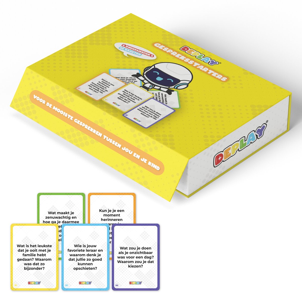 DEPLAY Gesprekskaarten – Kletspot Kinderen – Openhartig praten met je kind – Praatkaarten –Vragen Spel – 50 kaartjes – 5 Thema's – Vanaf 4 jaar