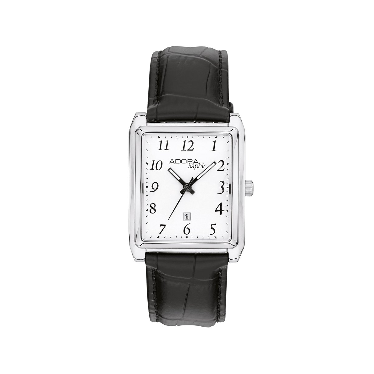 Herenhorloge Adora Saphir - Rechthoekige kast, Saffierglas, Zwart leren band, Anti-allergisch staal, Quartz