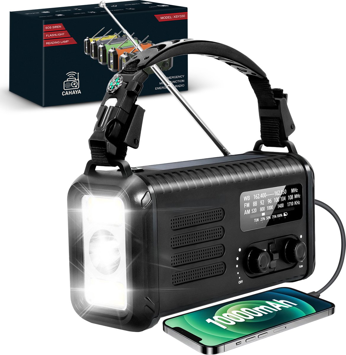Cahaya - Noodradio op Zonne-energie - 10.000mAh Solar Powerbank – Solar & Opwindbaar – Geschikt voor Noodpakket & Survival – Met Zaklamp – Zwart