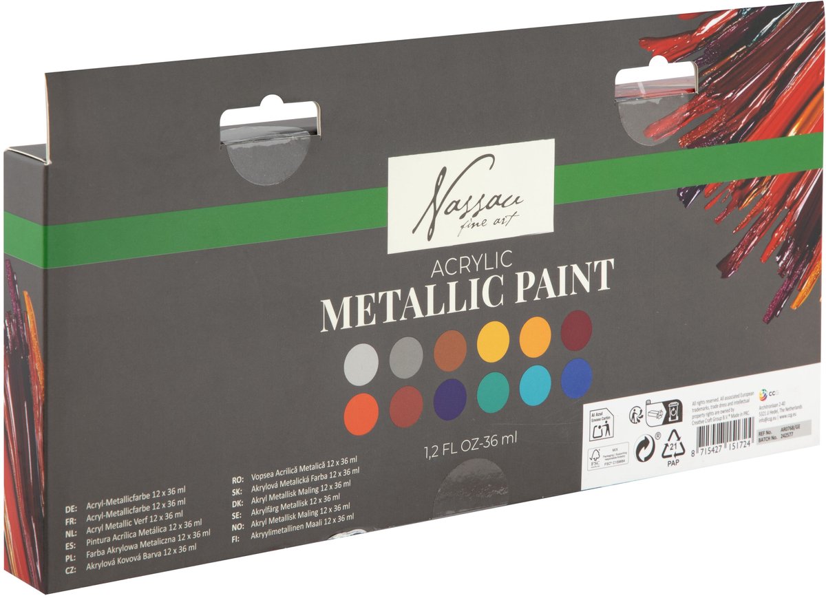 Nassau Fine Art Metallic Acrylverf Set - 12pcs 36ml Tubes – Hoogwaardige Metallic Verf voor Hobby – Dekking op Papier, Canvas, Hout, Steen en Meer — afbeelding 3